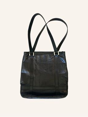 Falor Croc-Embossed Leather Black Tote with Dual Shoulder Straps Made In Italy